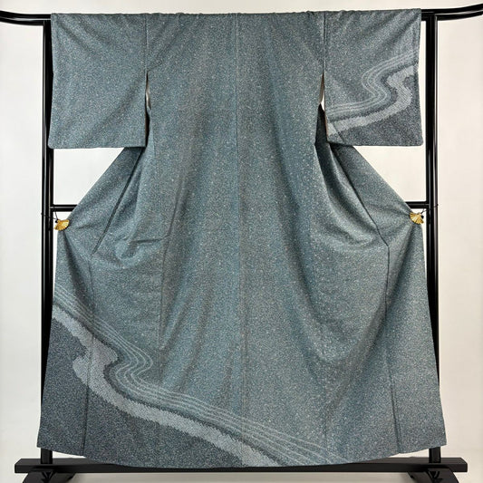 【美品】 付下 身長157.5cm 袖長63.5cm S 雙層 紬織織 流水 絞染 綠 純蠶絲 秀品級