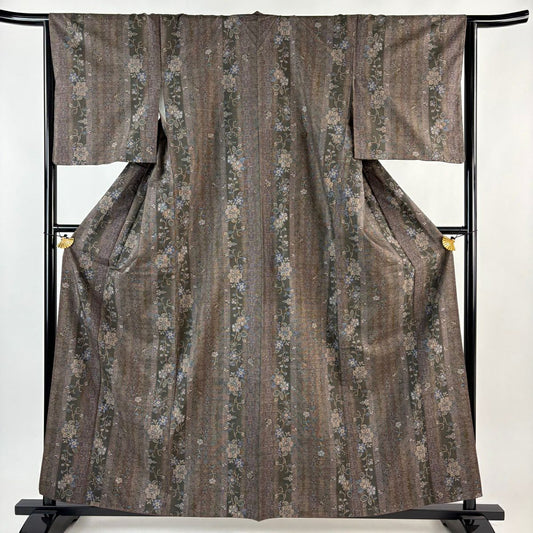 【美品】 紬織 身長158.5cm 袖長64cm M 雙層 枝花 縱條 茶紫 純蠶絲 秀品級