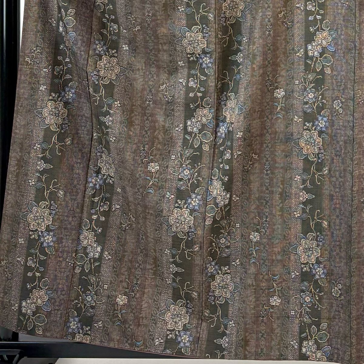 【美品】 紬織 身長158.5cm 袖長64cm M 雙層 枝花 縱條 茶紫 純蠶絲 秀品級