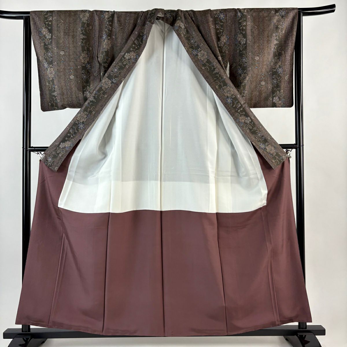 【美品】 紬織 身長158.5cm 袖長64cm M 雙層 枝花 縱條 茶紫 純蠶絲 秀品級