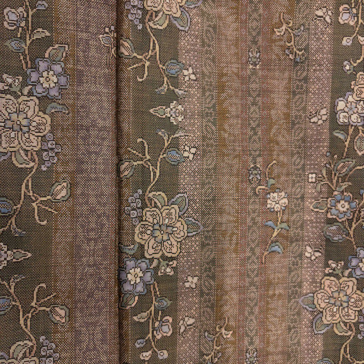 【美品】 紬織 身長158.5cm 袖長64cm M 雙層 枝花 縱條 茶紫 純蠶絲 秀品級
