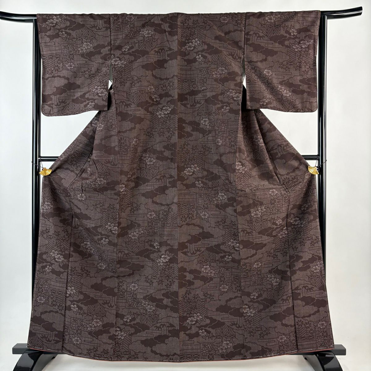 【美品】 紬織 身長163cm 袖長64.5cm M 雙層 證書齊全 雲文 草花紋紋 焦茶 純蠶絲 優品級