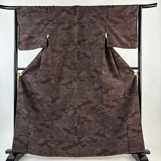 【美品】 紬織 身長163cm 袖長64.5cm M 雙層 證書齊全 雲文 草花紋紋 焦茶 純蠶絲 優品級
