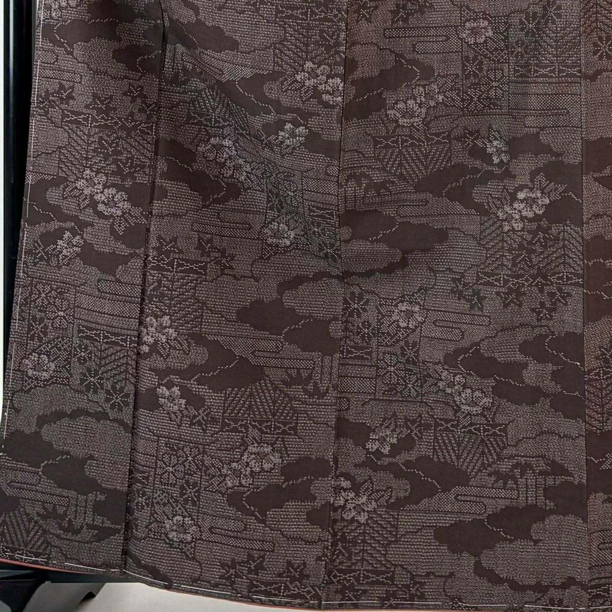 【美品】 紬織 身長163cm 袖長64.5cm M 雙層 證書齊全 雲文 草花紋紋 焦茶 純蠶絲 優品級