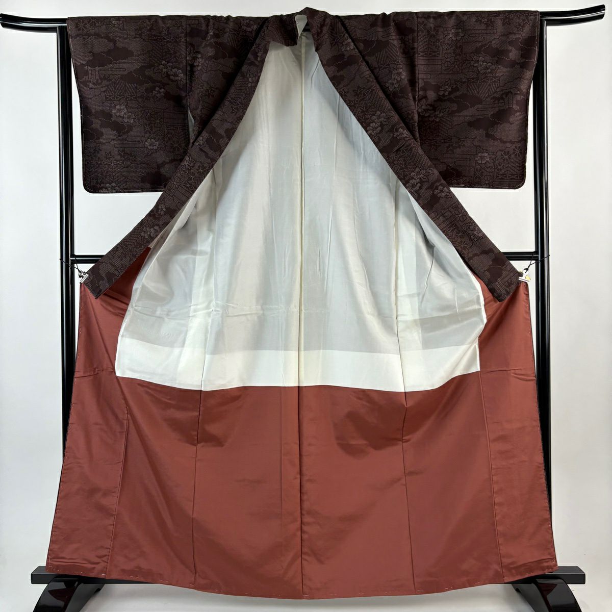 【美品】 紬織 身長163cm 袖長64.5cm M 雙層 證書齊全 雲文 草花紋紋 焦茶 純蠶絲 優品級