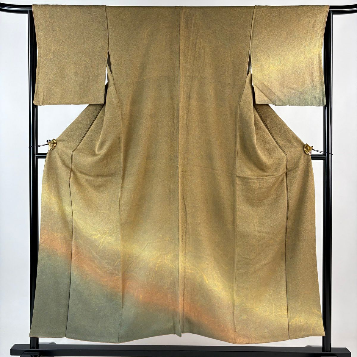 付下 身長151.5cm 袖長63.5cm S 雙層 墨流染 分染 漸層 山吹茶 純蠶絲 優品級