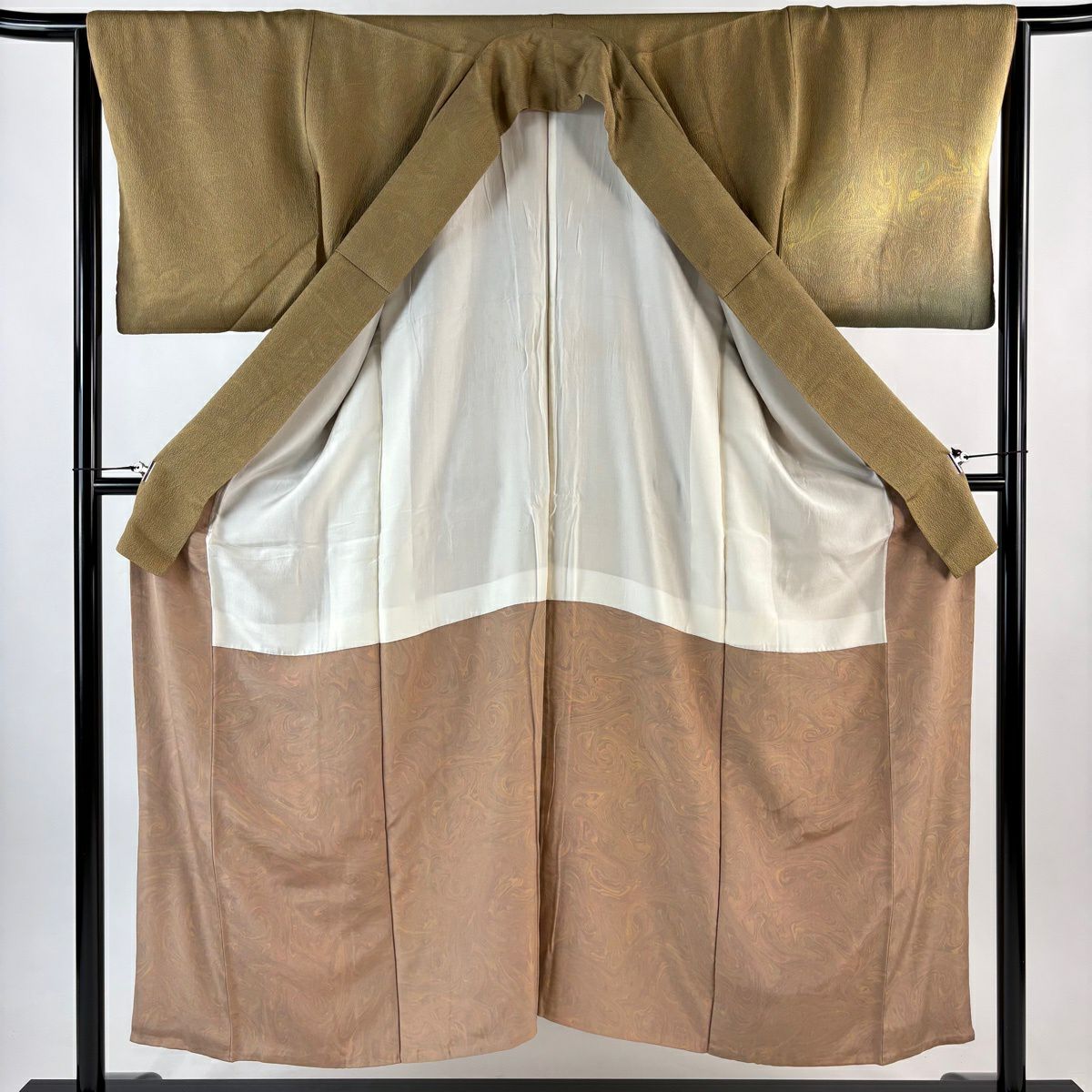 付下 身長151.5cm 袖長63.5cm S 雙層 墨流染 分染 漸層 山吹茶 純蠶絲 優品級