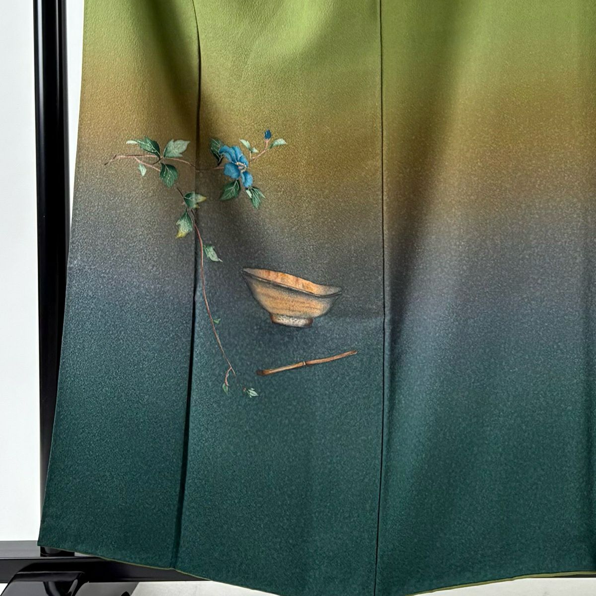 付下 身長159cm 袖長66cm M 雙層 落款有 枝花 茶道具 金彩裝飾 漸層 鶯色 純蠶絲 優品級