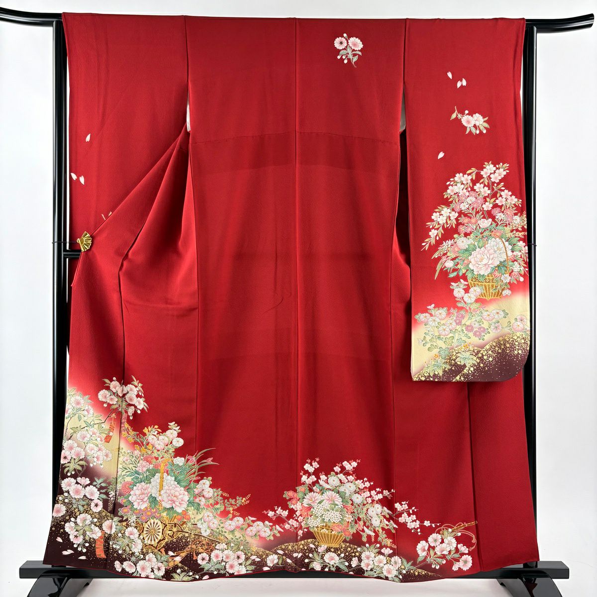 振袖禮服 身長159cm 袖長63.5cm S 雙層 花車 櫻花 金銀彩 漸層 紅 純蠶絲 優品級