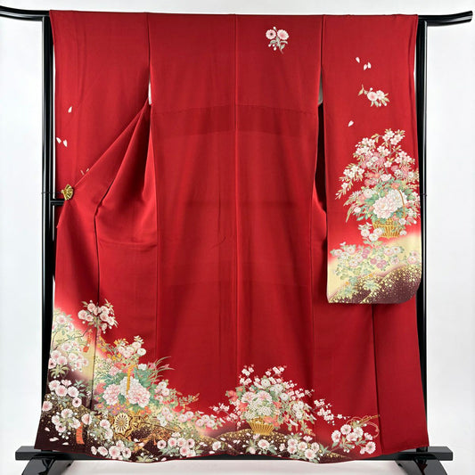 振袖禮服 身長159cm 袖長63.5cm S 雙層 花車 櫻花 金銀彩 漸層 紅 純蠶絲 優品級
