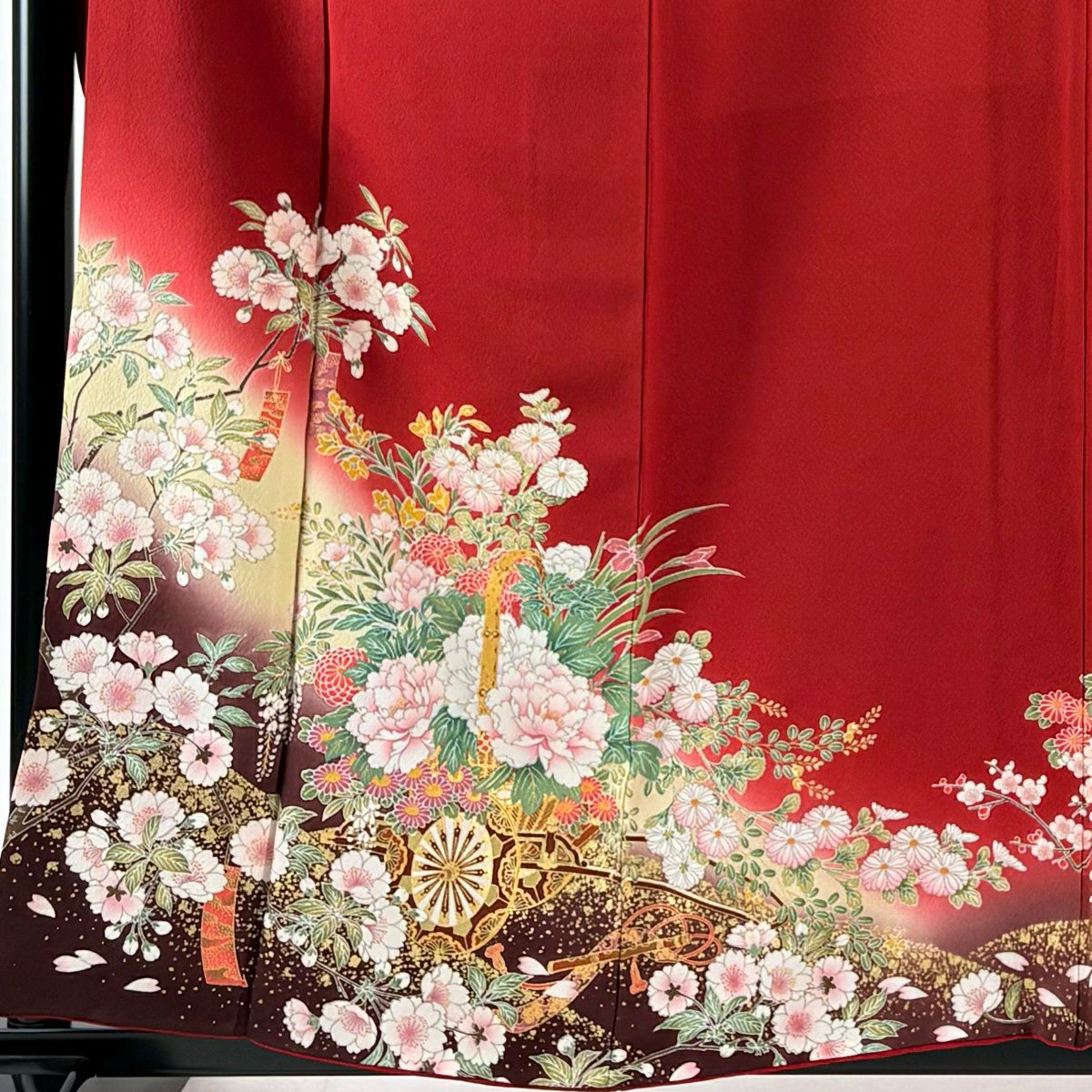 振袖禮服 身長159cm 袖長63.5cm S 雙層 花車 櫻花 金銀彩 漸層 紅 純蠶絲 優品級