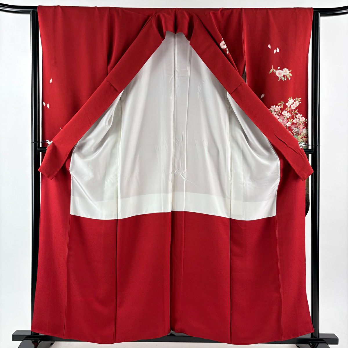 振袖禮服 身長159cm 袖長63.5cm S 雙層 花車 櫻花 金銀彩 漸層 紅 純蠶絲 優品級