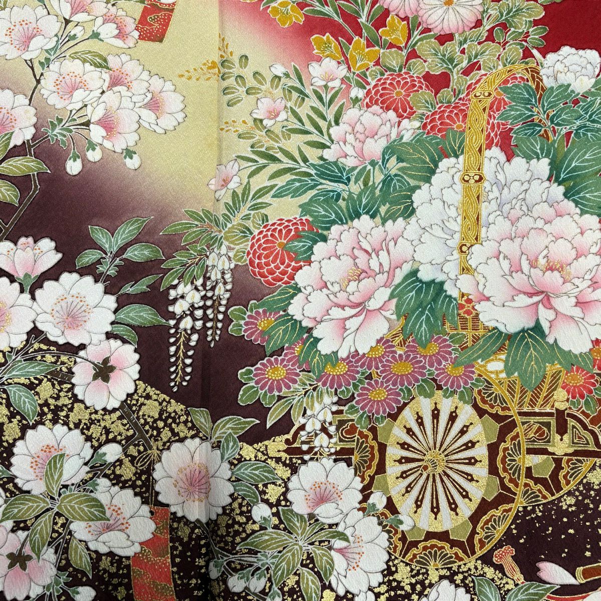振袖禮服 身長159cm 袖長63.5cm S 雙層 花車 櫻花 金銀彩 漸層 紅 純蠶絲 優品級