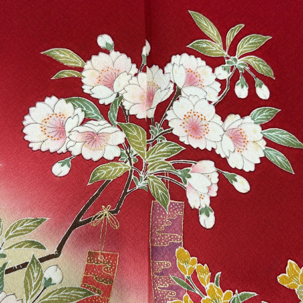 振袖禮服 身長159cm 袖長63.5cm S 雙層 花車 櫻花 金銀彩 漸層 紅 純蠶絲 優品級