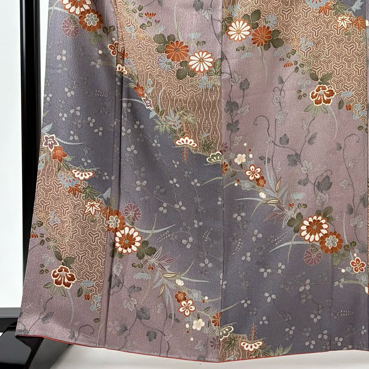 【美品】 小紋 身長164cm 袖長66.5cm M 雙層 草花紋紋 笠松樹 金銀彩 紫 純蠶絲 秀品級