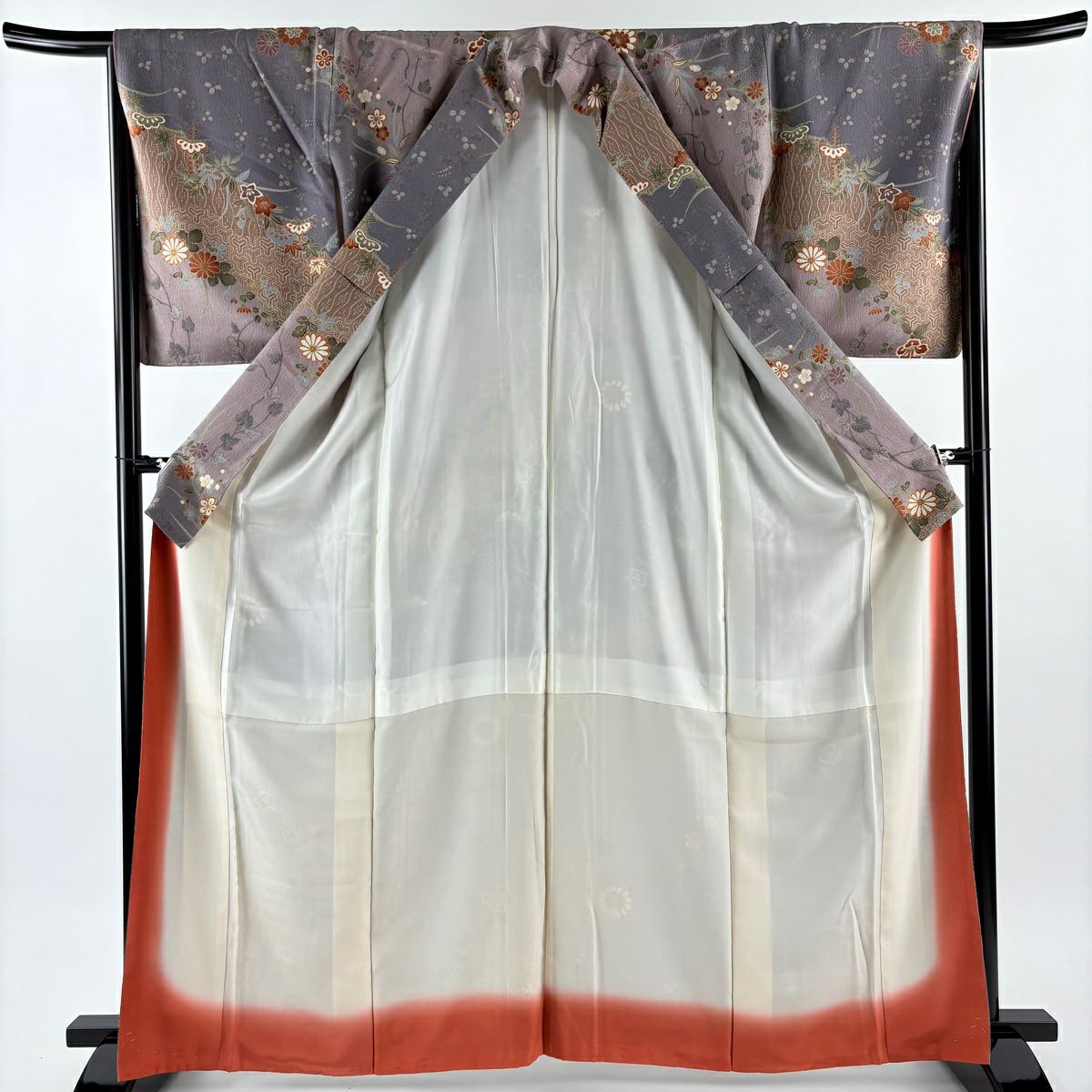 【美品】 小紋 身長164cm 袖長66.5cm M 雙層 草花紋紋 笠松樹 金銀彩 紫 純蠶絲 秀品級