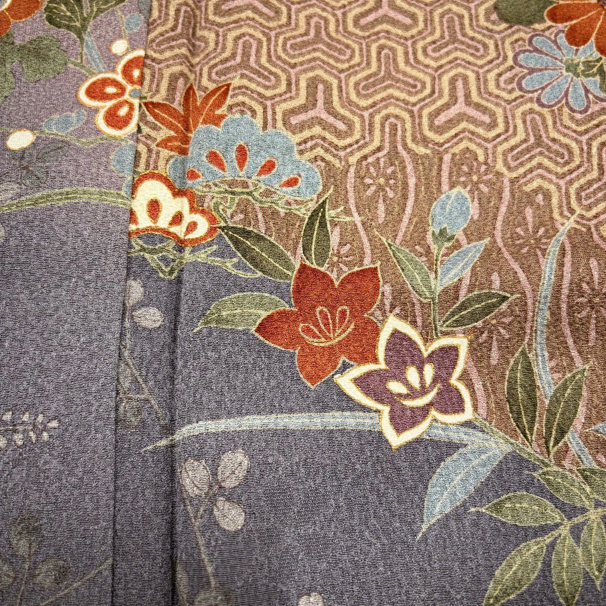 【美品】 小紋 身長164cm 袖長66.5cm M 雙層 草花紋紋 笠松樹 金銀彩 紫 純蠶絲 秀品級