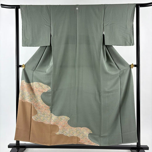 【美品】 留袖禮服禮服 身長154.5cm 袖長62cm S 雙層 波青海波 地紋 刺繡 染分 灰綠 純蠶絲 秀品級 一つ紋