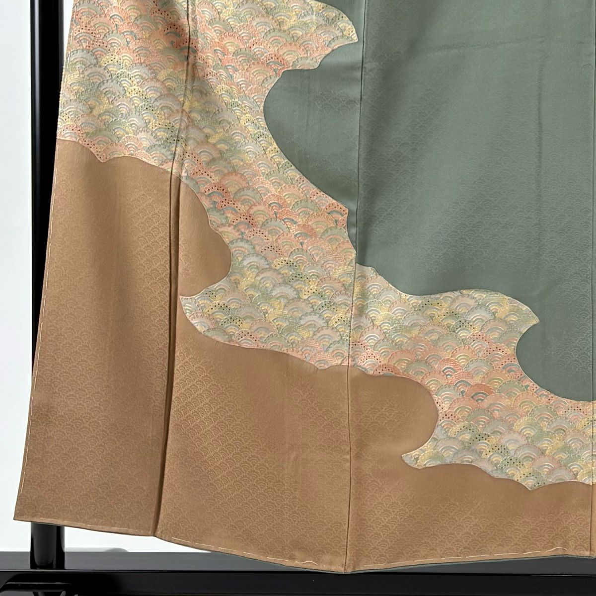 【美品】 留袖禮服禮服 身長154.5cm 袖長62cm S 雙層 波青海波 地紋 刺繡 染分 灰綠 純蠶絲 秀品級 一つ紋