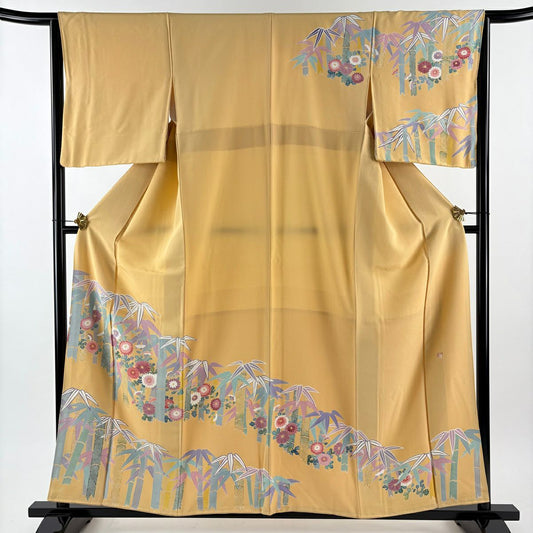 訪問服 身長158cm 袖長64.5cm M 雙層 落款 菊花 竹子 山吹 純蠶絲 秀品級