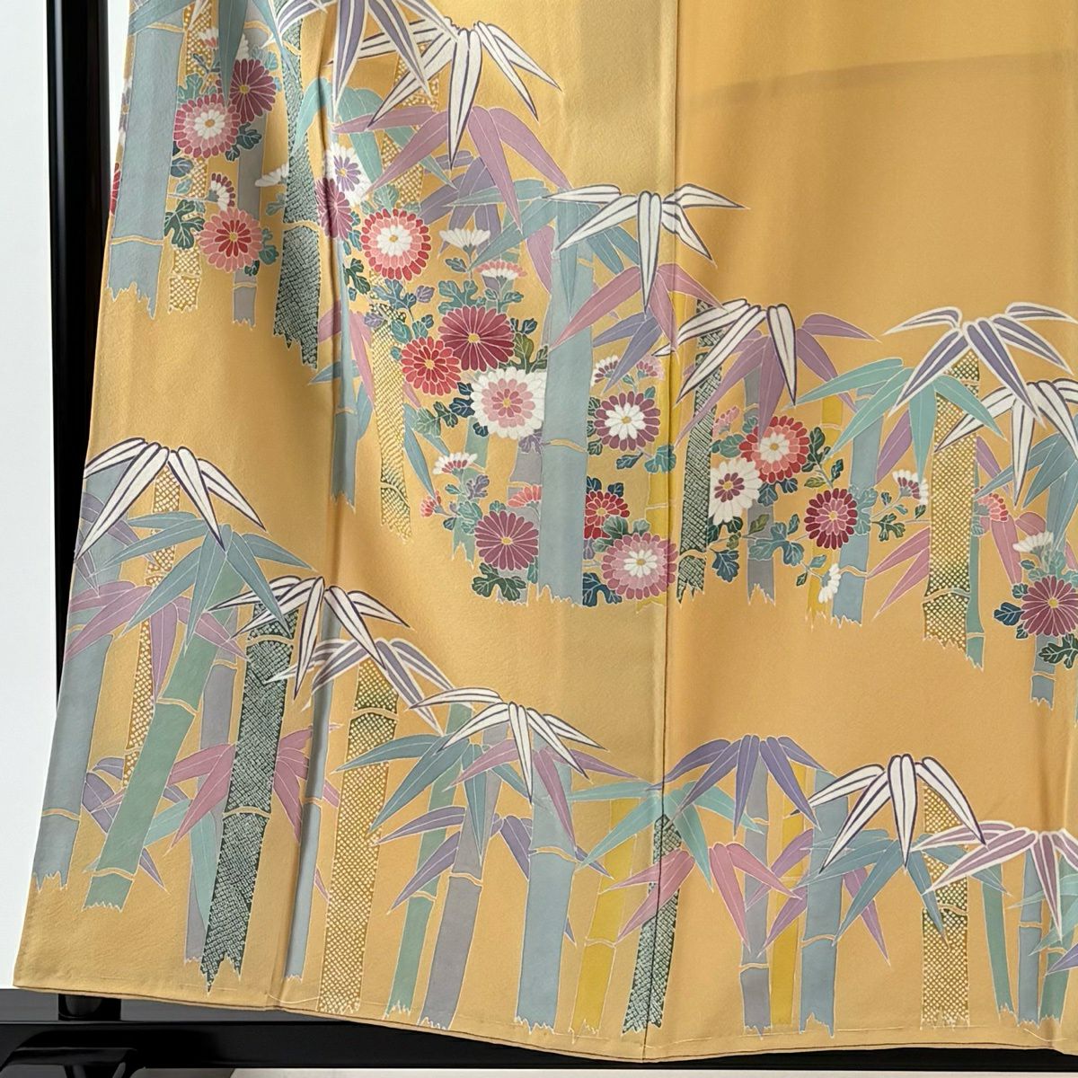 訪問服 身長158cm 袖長64.5cm M 雙層 落款 菊花 竹子 山吹 純蠶絲 秀品級