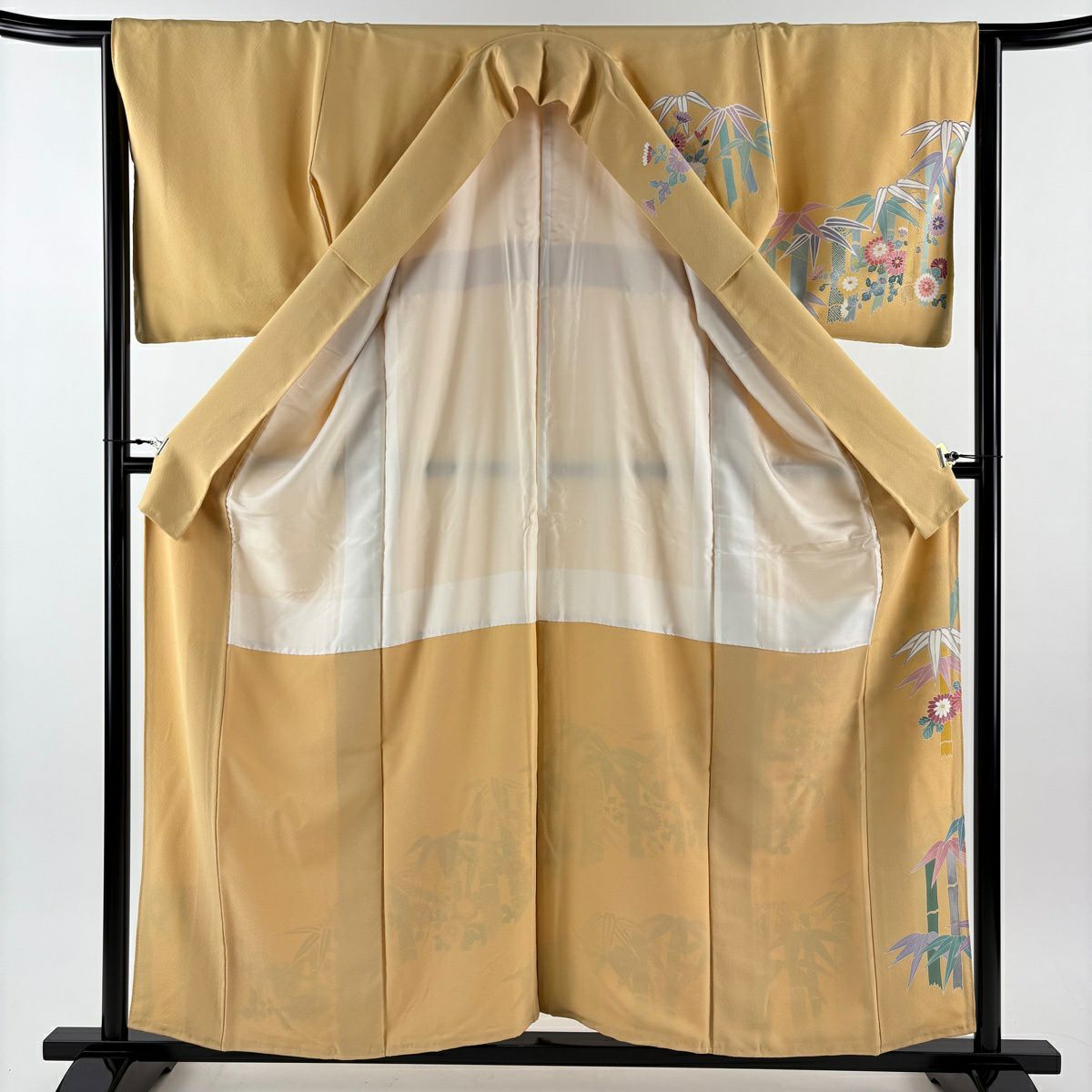 訪問服 身長158cm 袖長64.5cm M 雙層 落款 菊花 竹子 山吹 純蠶絲 秀品級