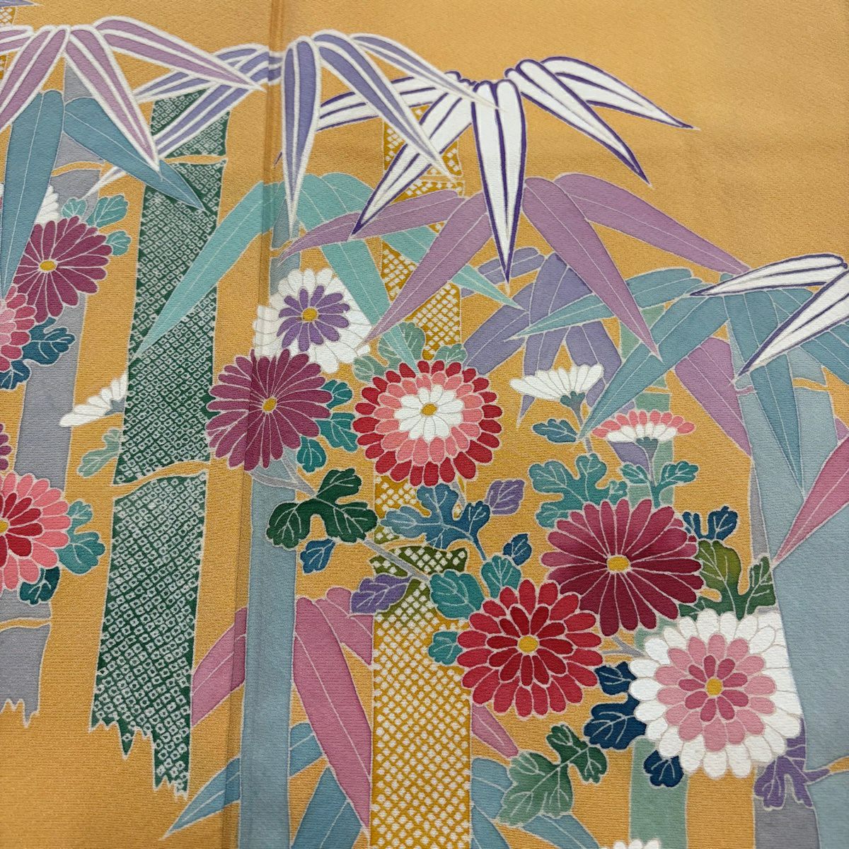 訪問服 身長158cm 袖長64.5cm M 雙層 落款 菊花 竹子 山吹 純蠶絲 秀品級