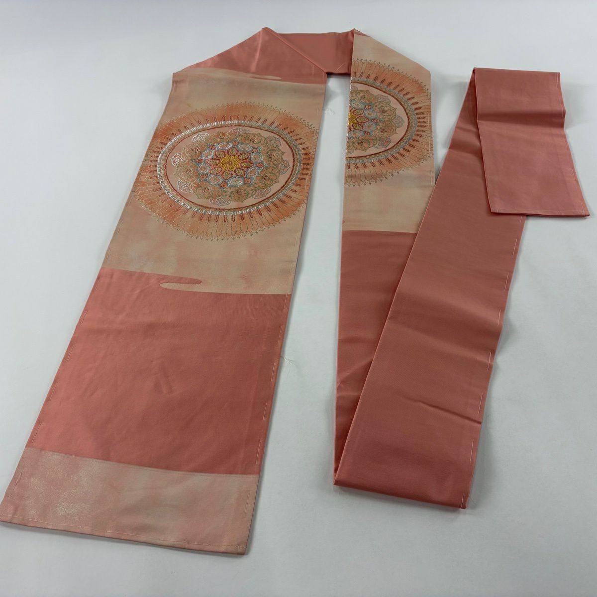 名古屋帶 優品級 華紋 霞 金銀彩 金金箔 鮭粉色 純蠶絲