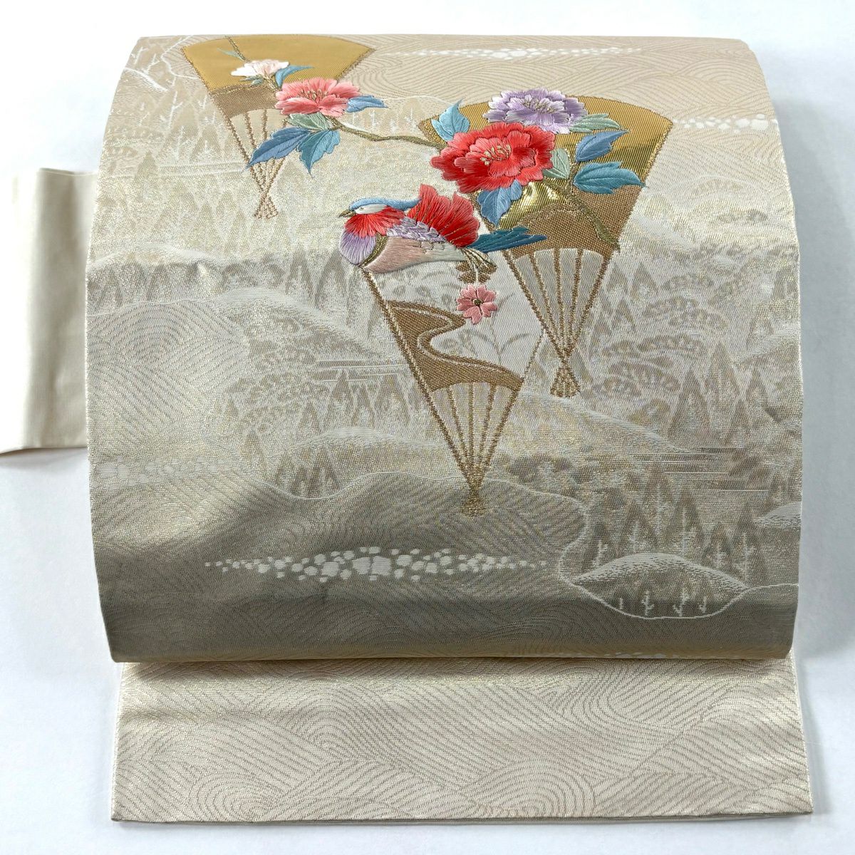 名古屋帶 優品級 花鳥 扇子子 刺繡 金金箔 米色 純蠶絲