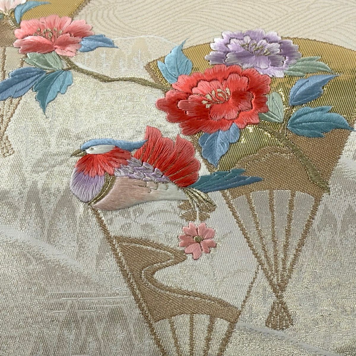 名古屋帶 優品級 花鳥 扇子子 刺繡 金金箔 米色 純蠶絲