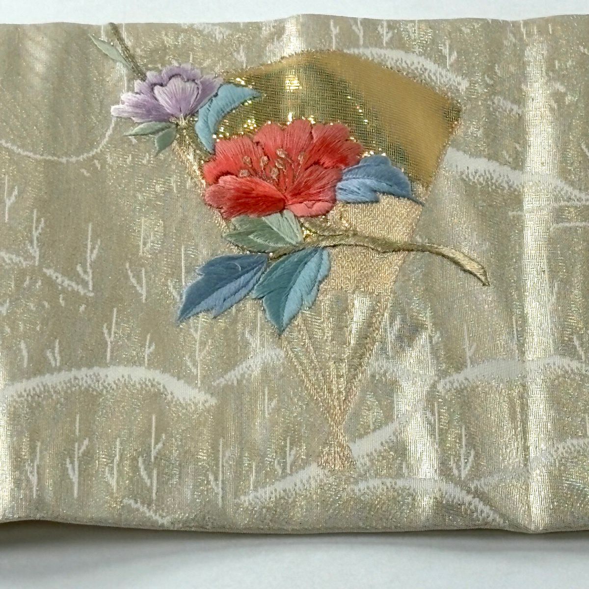 名古屋帶 優品級 花鳥 扇子子 刺繡 金金箔 米色 純蠶絲