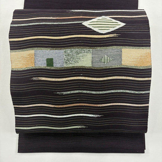 【美品】 名古屋帶 秀品級 八寸名古屋帶 松樹葉裁縫 菱 縞 金銀彩 濃紫 純蠶絲