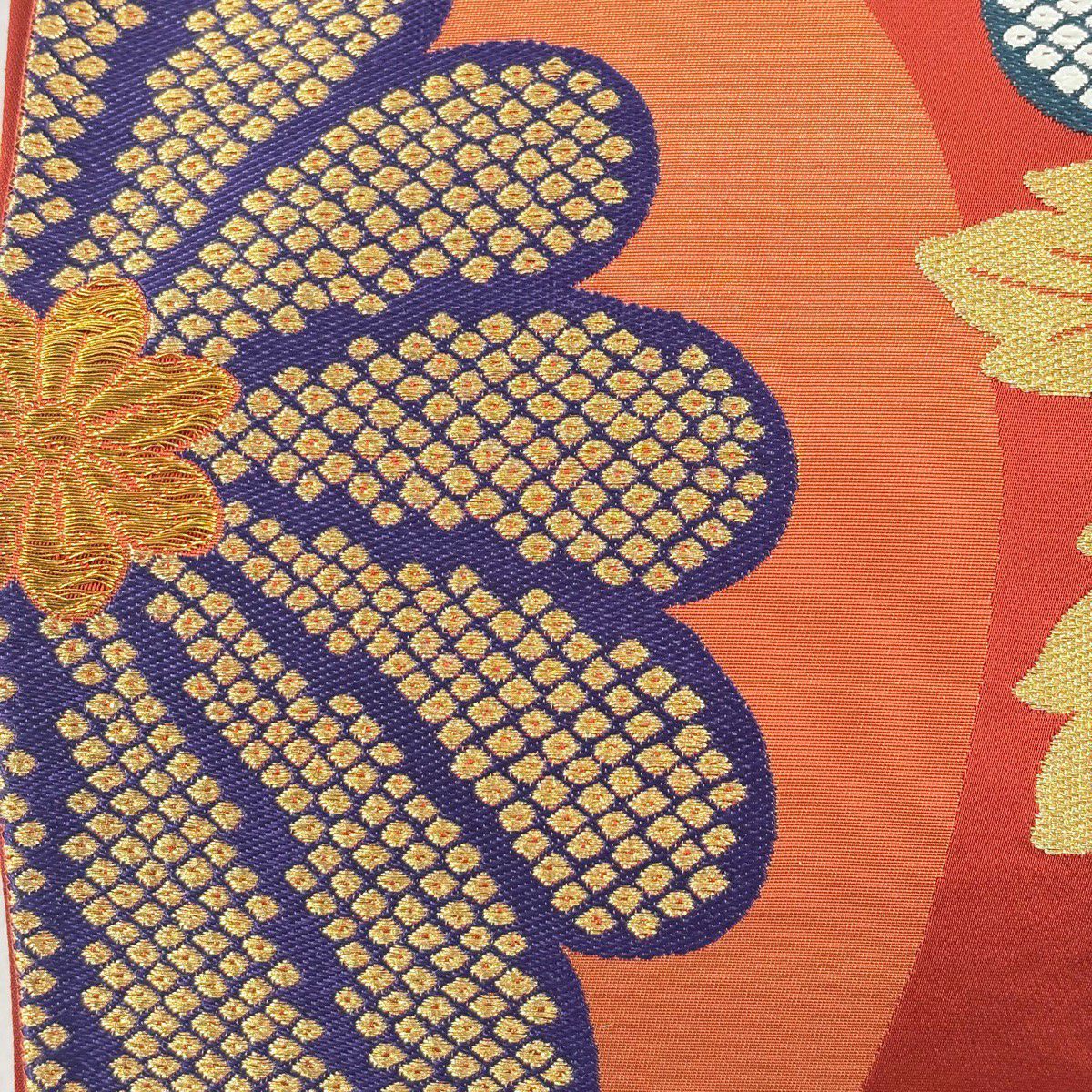 袋帶 秀品級 菊花花 疋田紋 金絲 紅 六通 純蠶絲