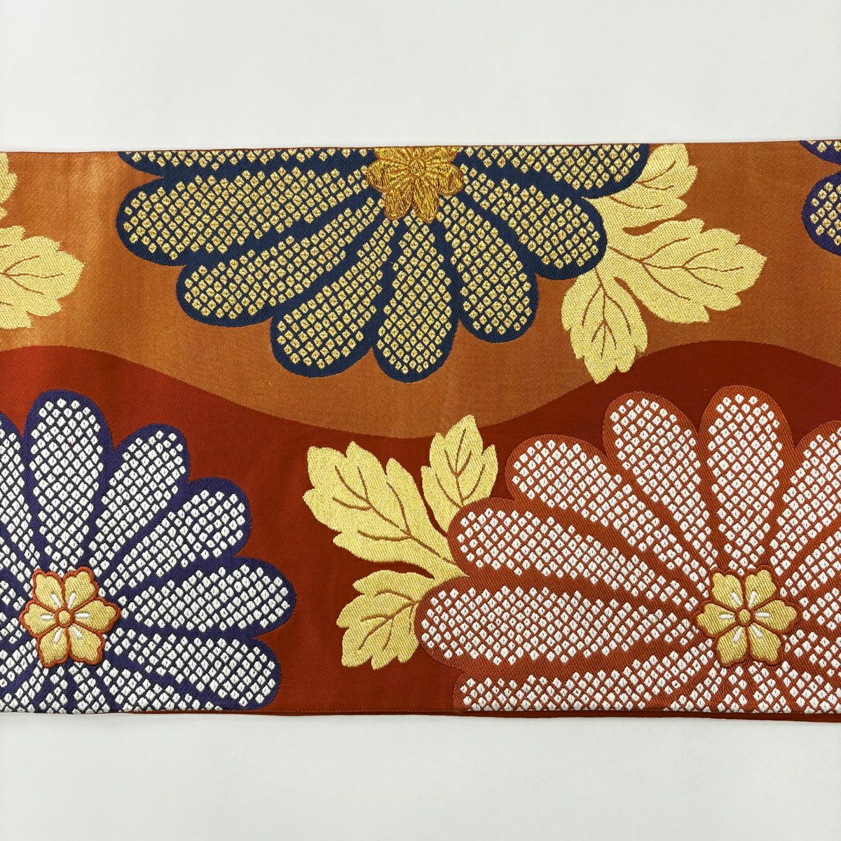 袋帶 秀品級 菊花花 疋田紋 金絲 紅 六通 純蠶絲