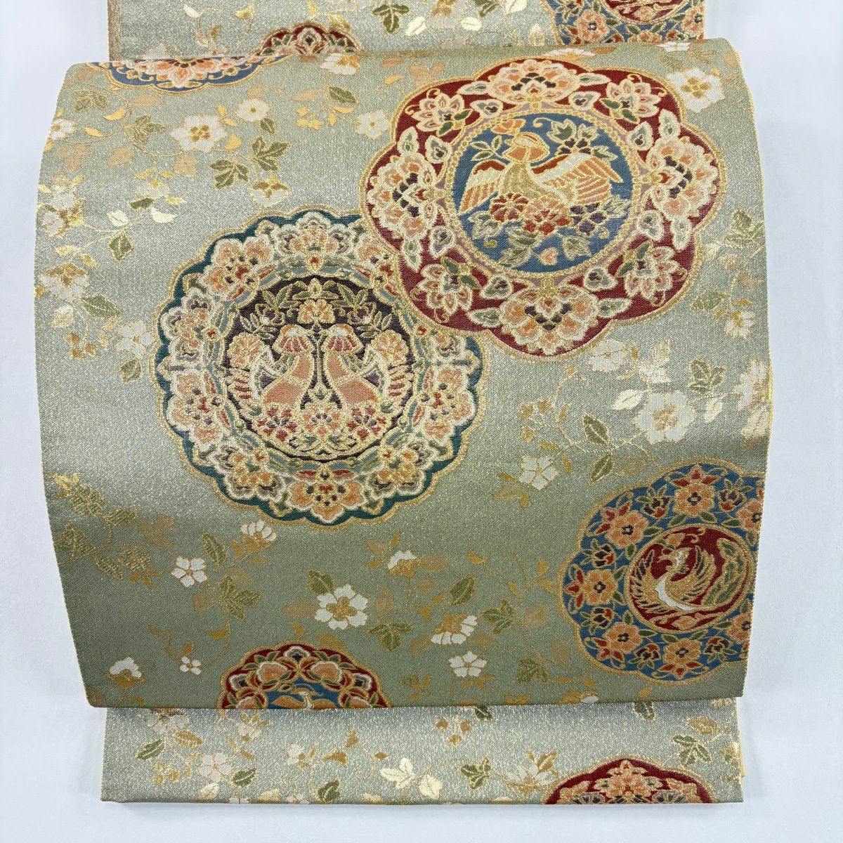 【美品】 袋帶 秀品級 落款 花鳥 瑞金華紋 金金箔 金絲 青灰 六通 純蠶絲