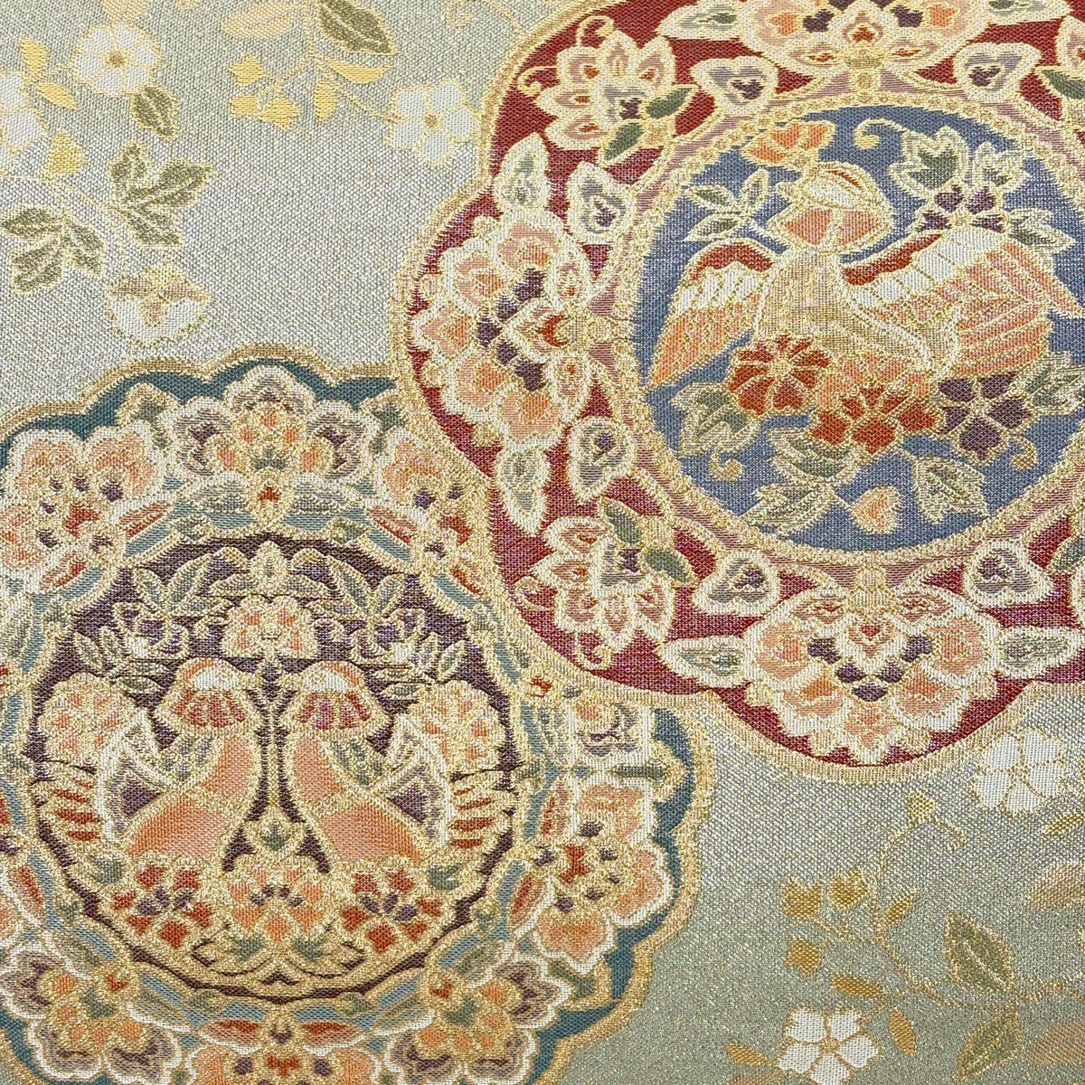 【美品】 袋帶 秀品級 落款 花鳥 瑞金華紋 金金箔 金絲 青灰 六通 純蠶絲