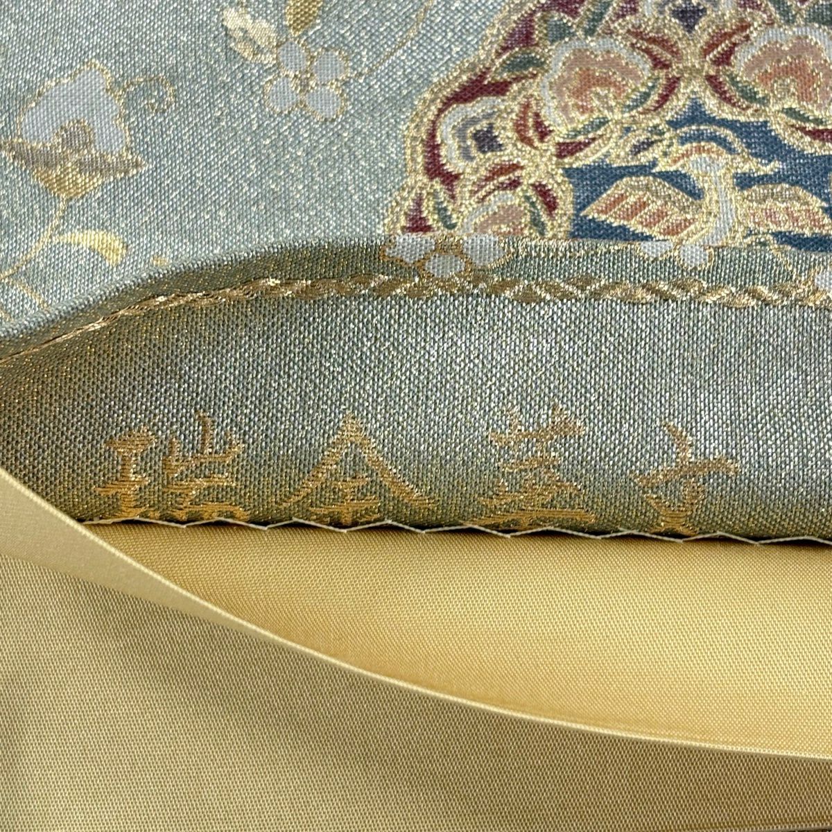 【美品】 袋帶 秀品級 落款 花鳥 瑞金華紋 金金箔 金絲 青灰 六通 純蠶絲