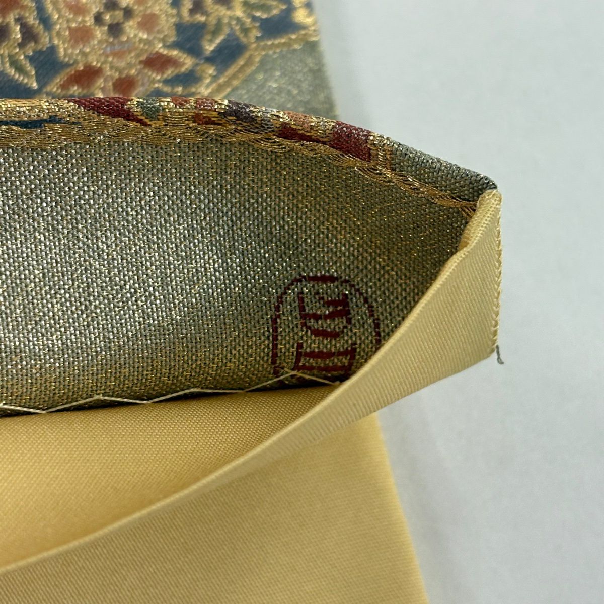 【美品】 袋帶 秀品級 落款 花鳥 瑞金華紋 金金箔 金絲 青灰 六通 純蠶絲