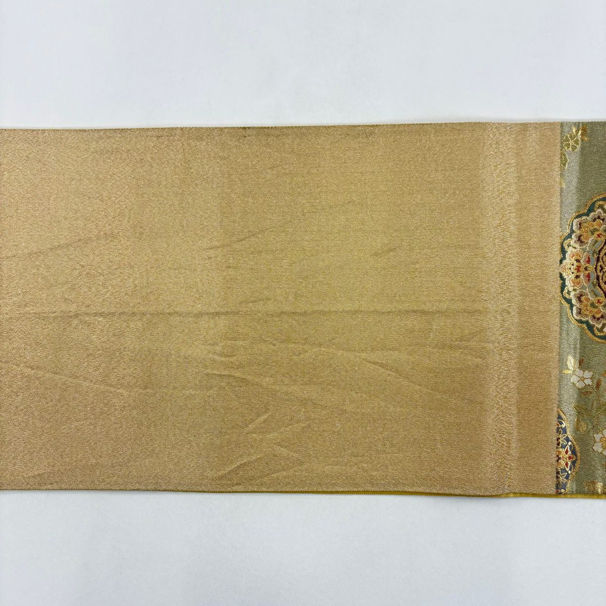 【美品】 袋帶 秀品級 落款 花鳥 瑞金華紋 金金箔 金絲 青灰 六通 純蠶絲