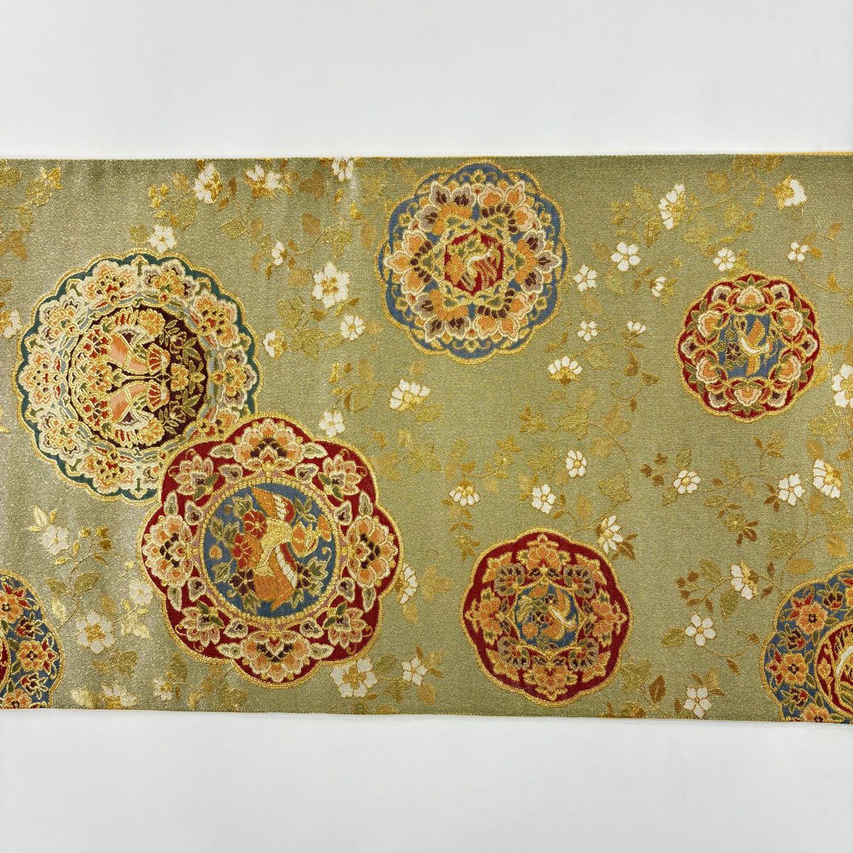 【美品】 袋帶 秀品級 落款 花鳥 瑞金華紋 金金箔 金絲 青灰 六通 純蠶絲