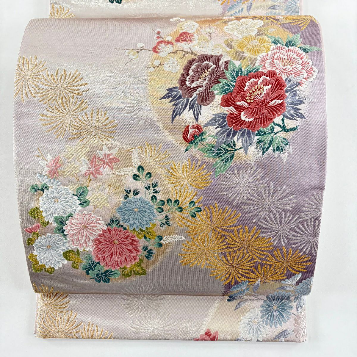 【美品】 袋帶 秀品級 牡丹 松樹梅花 金絲 金金箔 淺紫 六通 純蠶絲