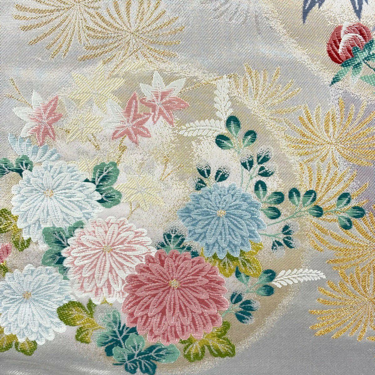 【美品】 袋帶 秀品級 牡丹 松樹梅花 金絲 金金箔 淺紫 六通 純蠶絲