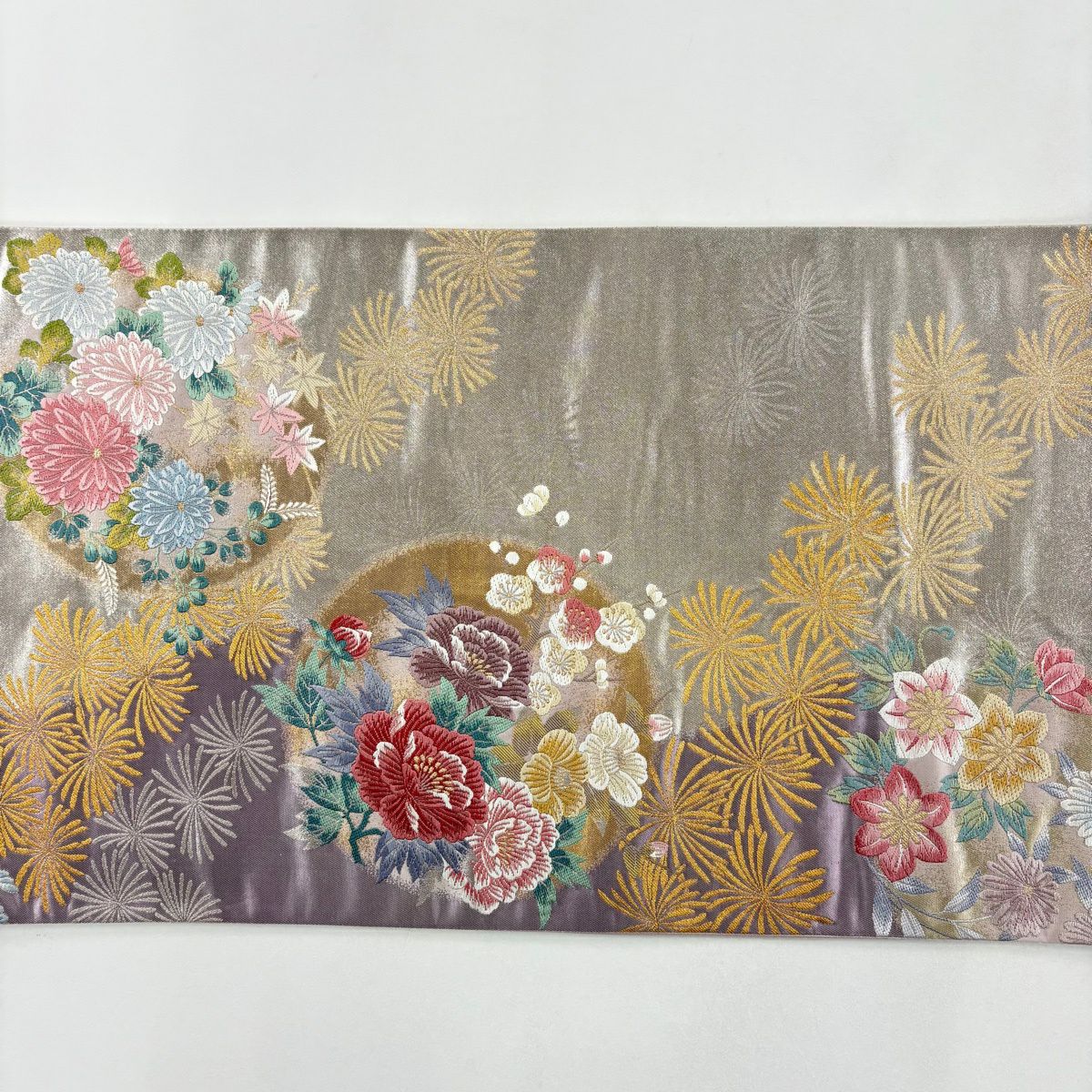 【美品】 袋帶 秀品級 牡丹 松樹梅花 金絲 金金箔 淺紫 六通 純蠶絲