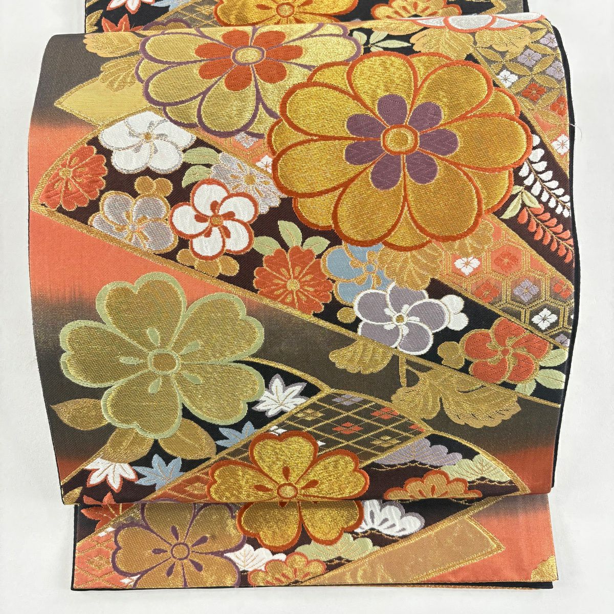 袋帶 秀品級 菊花花 櫻花花 刺繡 金銀彩 茜色 六通 純蠶絲