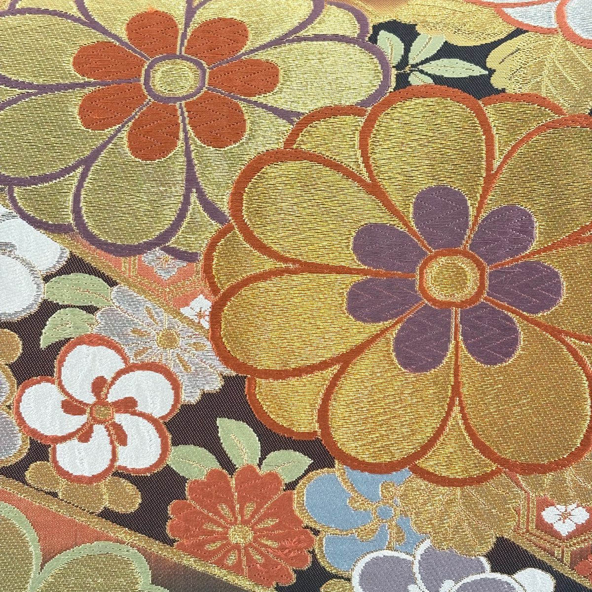 袋帶 秀品級 菊花花 櫻花花 刺繡 金銀彩 茜色 六通 純蠶絲
