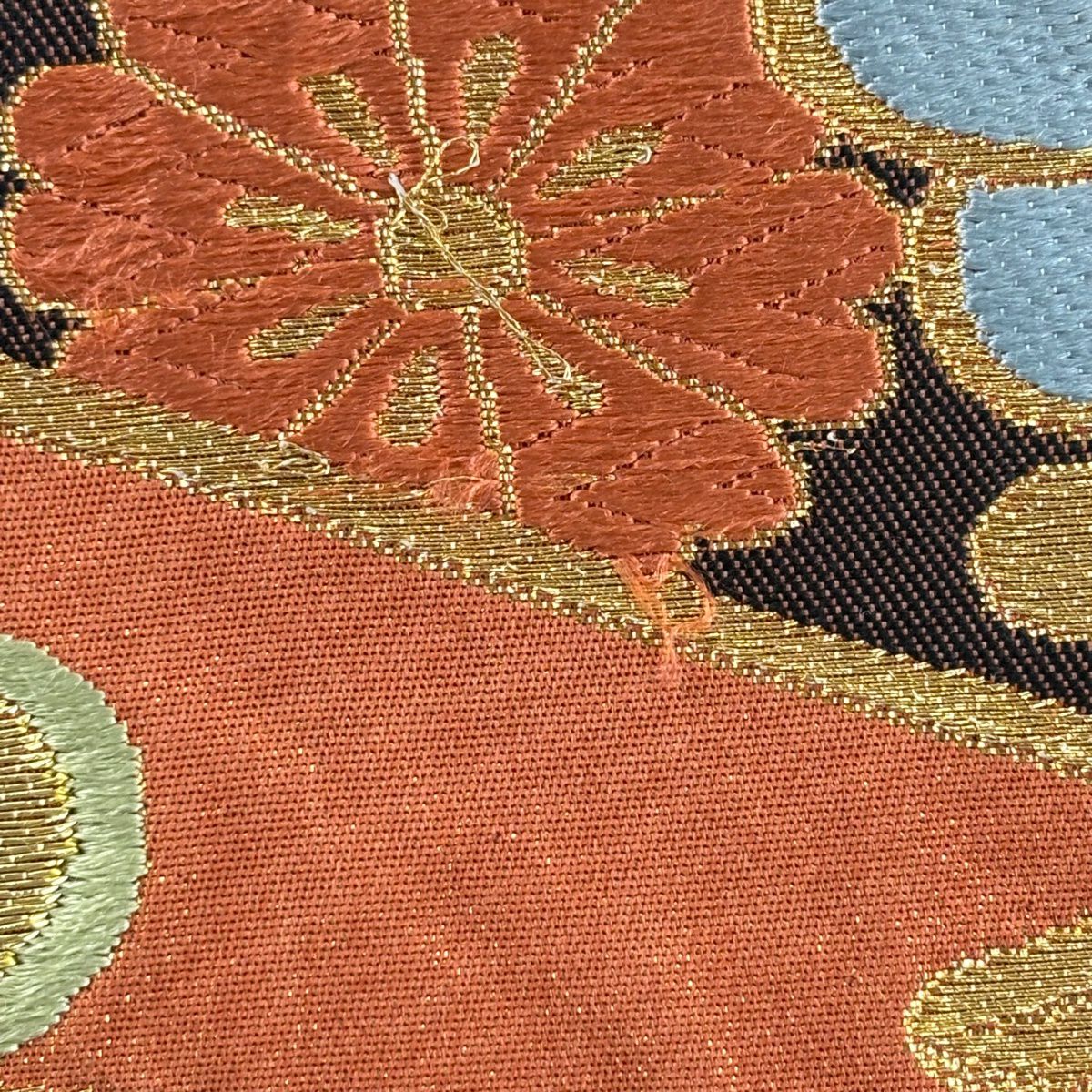 袋帶 秀品級 菊花花 櫻花花 刺繡 金銀彩 茜色 六通 純蠶絲