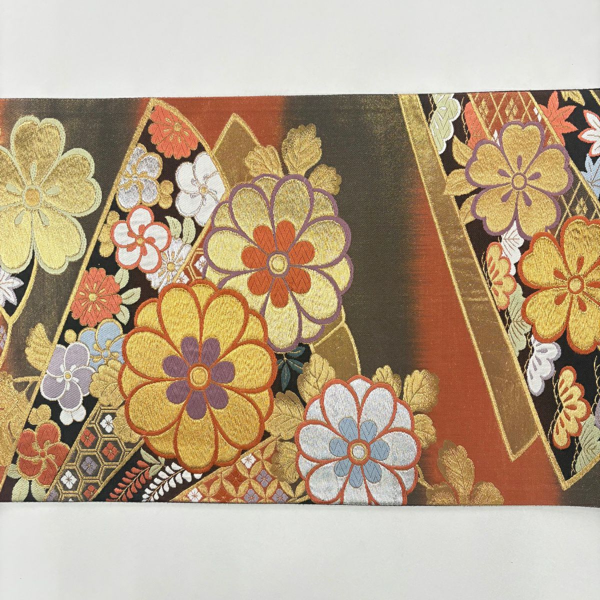袋帶 秀品級 菊花花 櫻花花 刺繡 金銀彩 茜色 六通 純蠶絲
