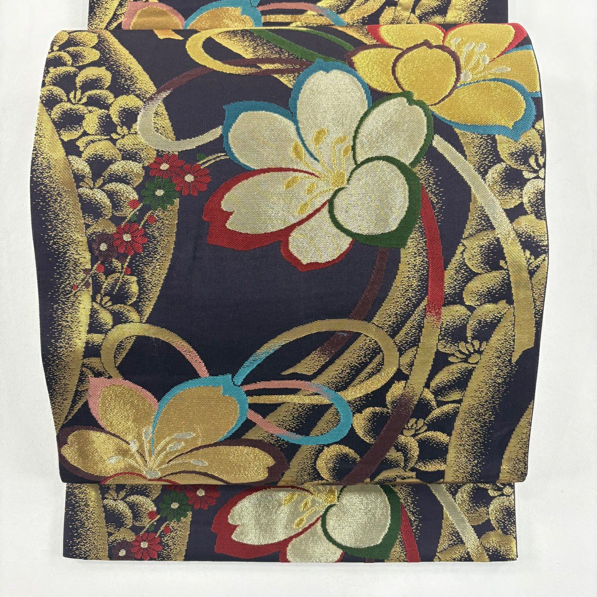 【美品】 袋帶 秀品級 花和風 全通長尺 花 組紐 金銀絲 金金箔 濃紫 六通 純蠶絲