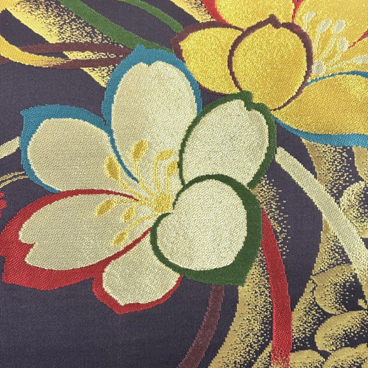 【美品】 袋帶 秀品級 花和風 全通長尺 花 組紐 金銀絲 金金箔 濃紫 六通 純蠶絲