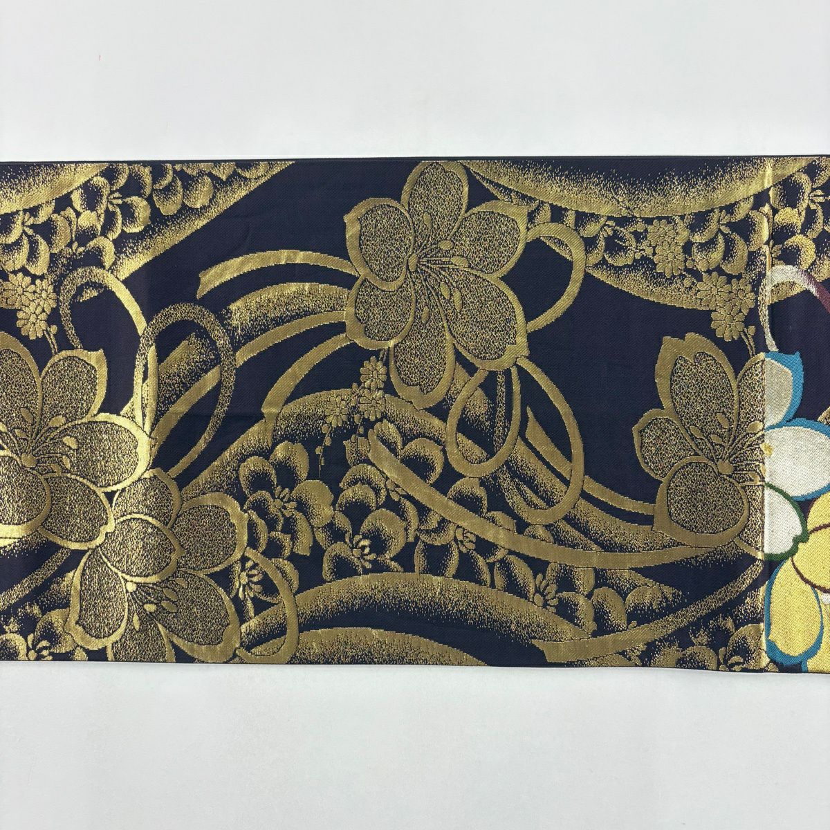 【美品】 袋帶 秀品級 花和風 全通長尺 花 組紐 金銀絲 金金箔 濃紫 六通 純蠶絲
